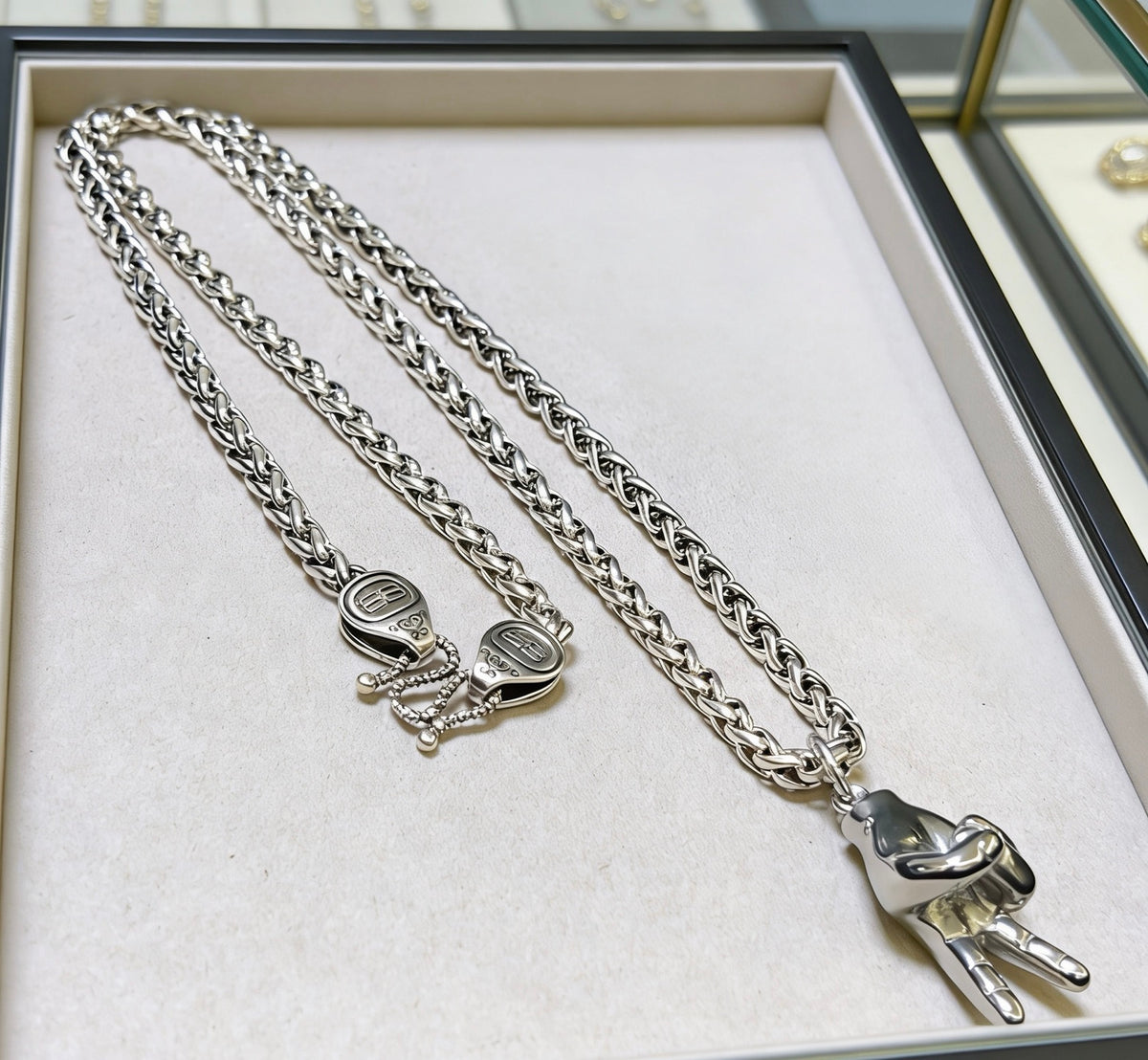 Geometric Emblem Pendant Necklace in Polished Metal-Tone – Vintage Detail – Design 054 close-up detail