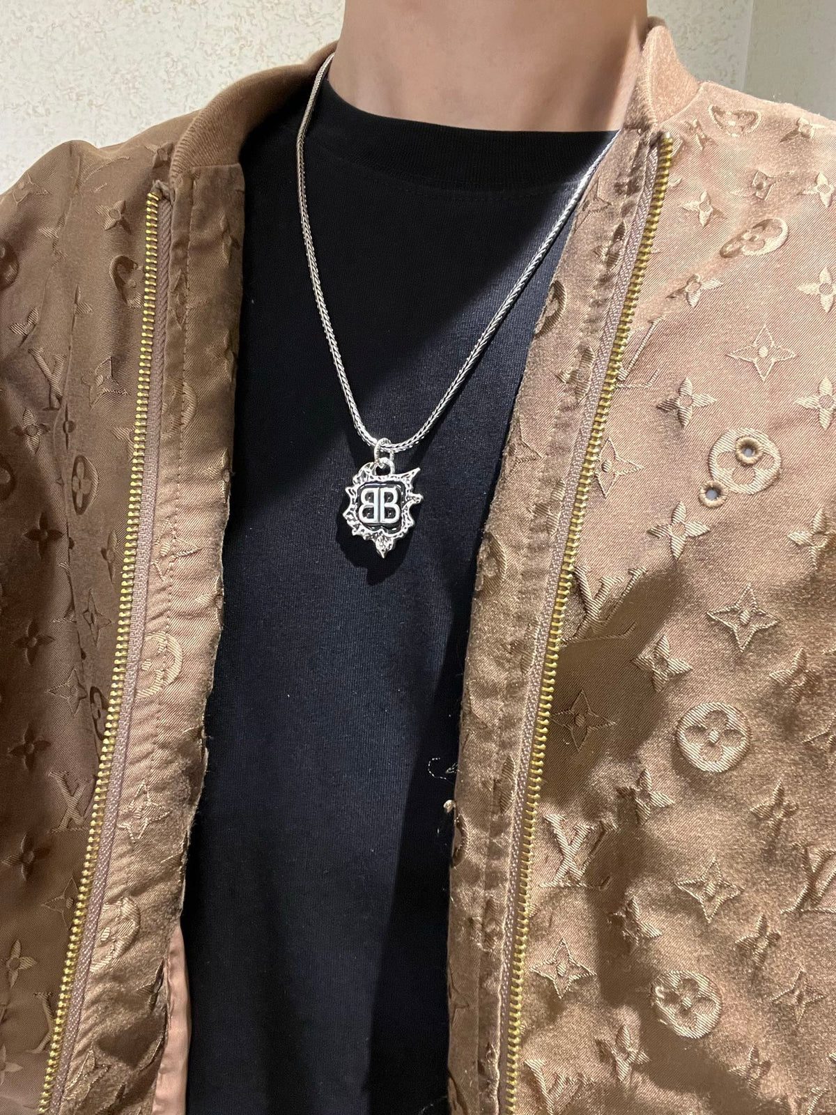 Geometric Emblem Pendant Necklace in Polished Metal-Tone – Vintage Detail – Design 052 styled product view