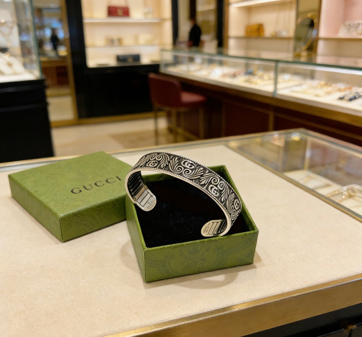 Double-G Emblem Bangle in Polished Metal-Tone – Design 013 styled product view