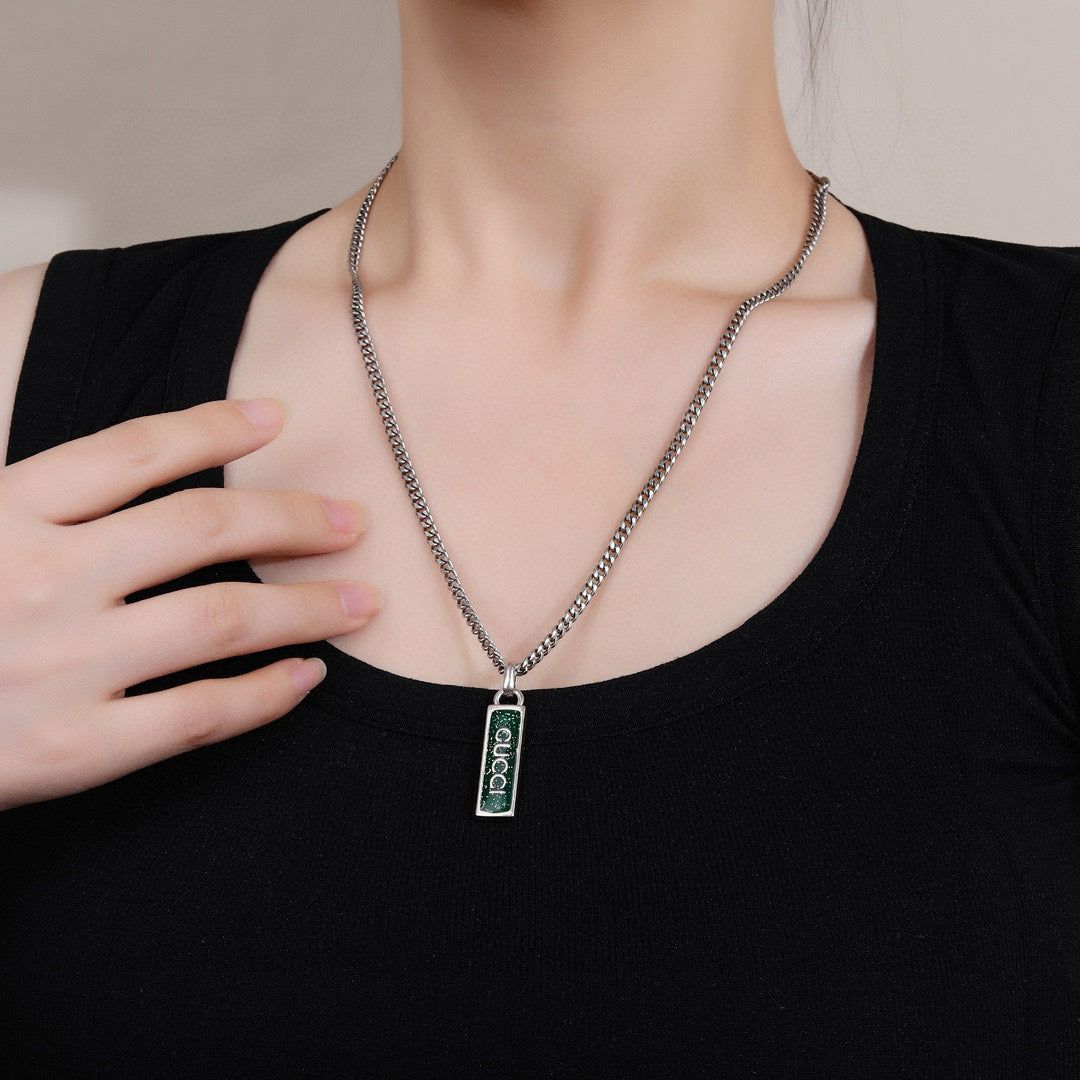 Double-G Emblem Pendant Necklace in Polished Metal-Tone – Design 040 front product view