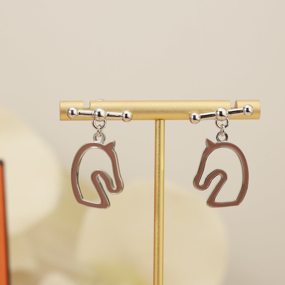 Horse Head Stud Earrings in Rose-Gold-Tone – Rose Gold Detail – Design 003 styled product view