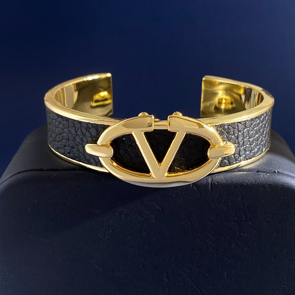 V Emblem Cuff Bracelet in Gold-Tone – Black side detail