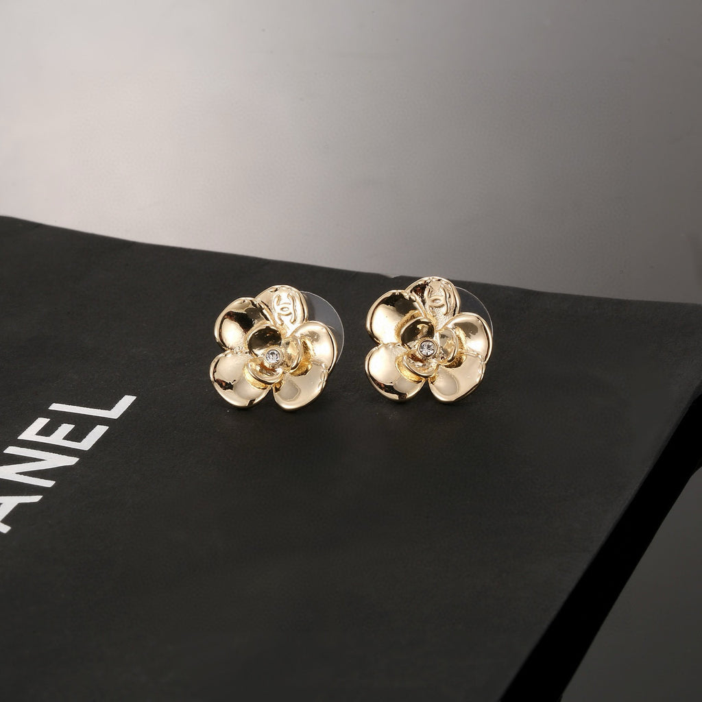 Camellia Stud Earrings in Gold-Tone – Camellia Detail – Design 003 styled product view