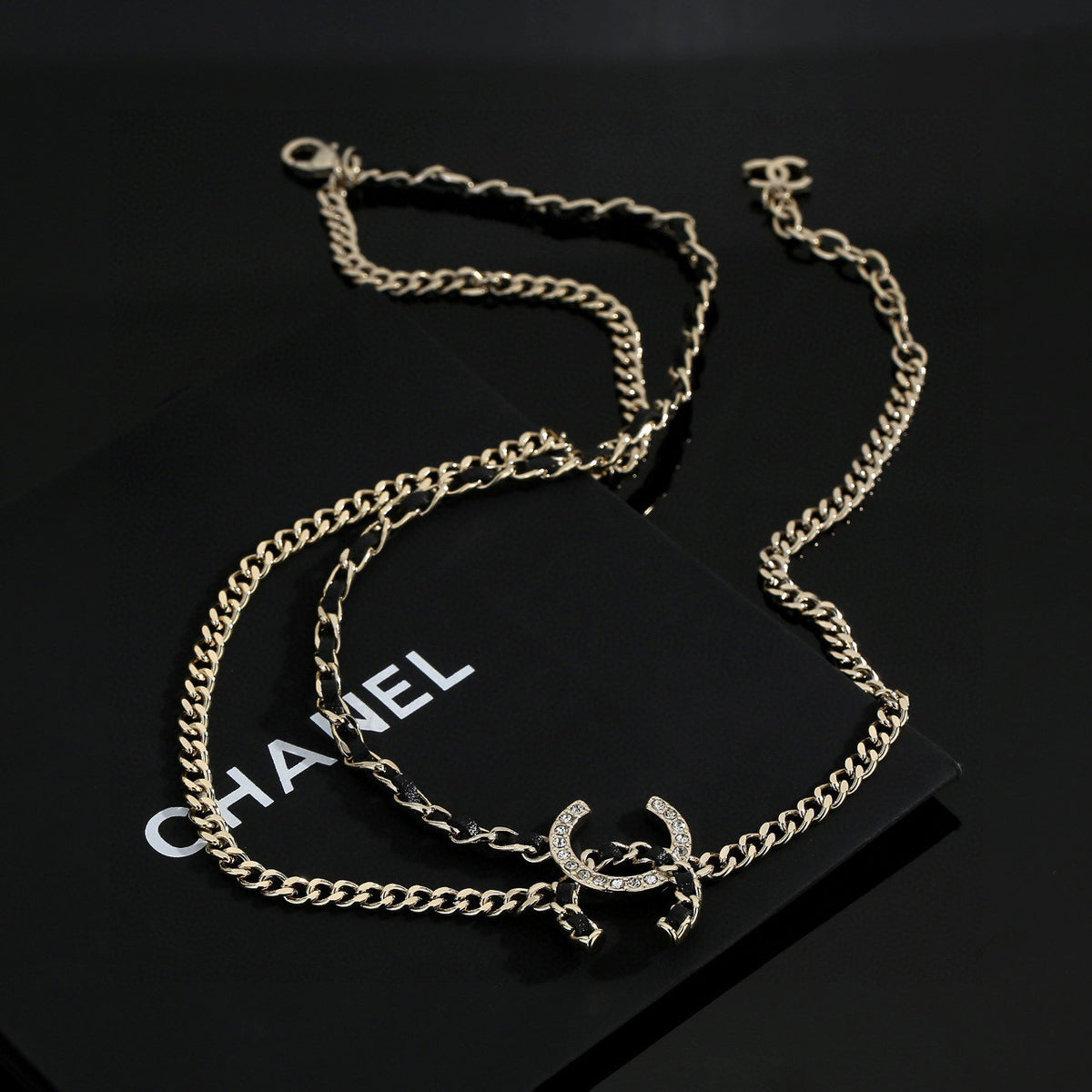 Signature Emblem Pendant Necklace in Gold-Tone – Black Detail – Design 011 front product view