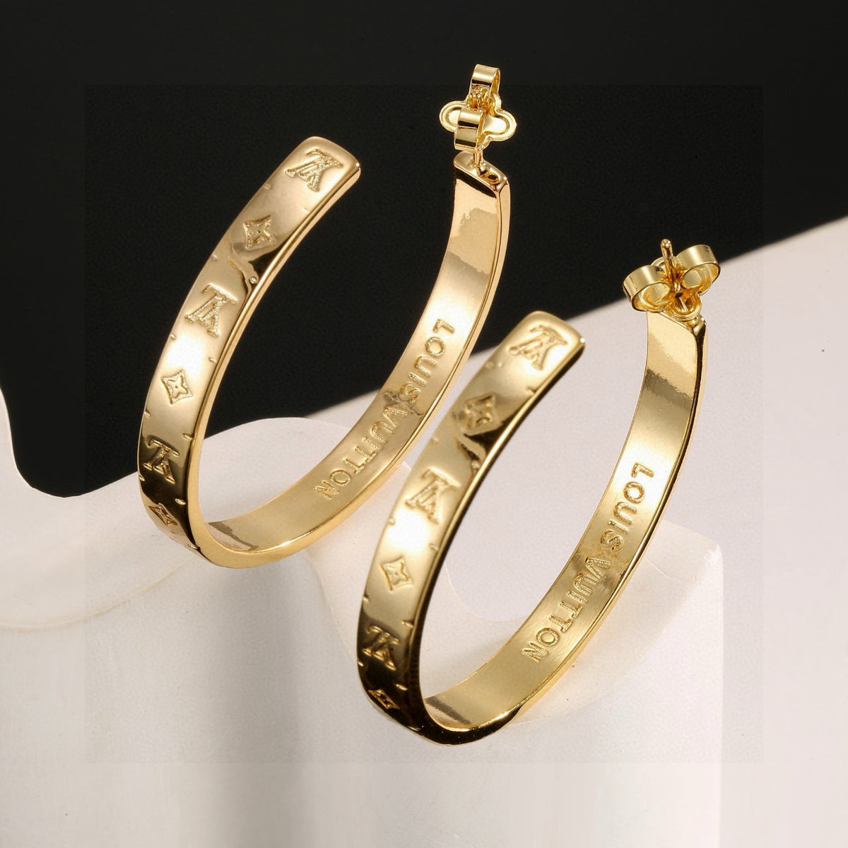 Letter Emblem Stud Earrings in Polished Metal-Tone – Design 012 styled product view