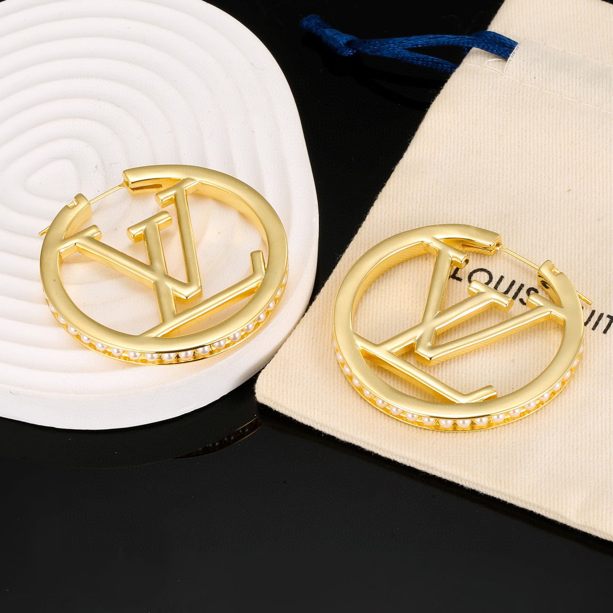 Letter Emblem Stud Earrings in Polished Metal-Tone – Design 011 side detail