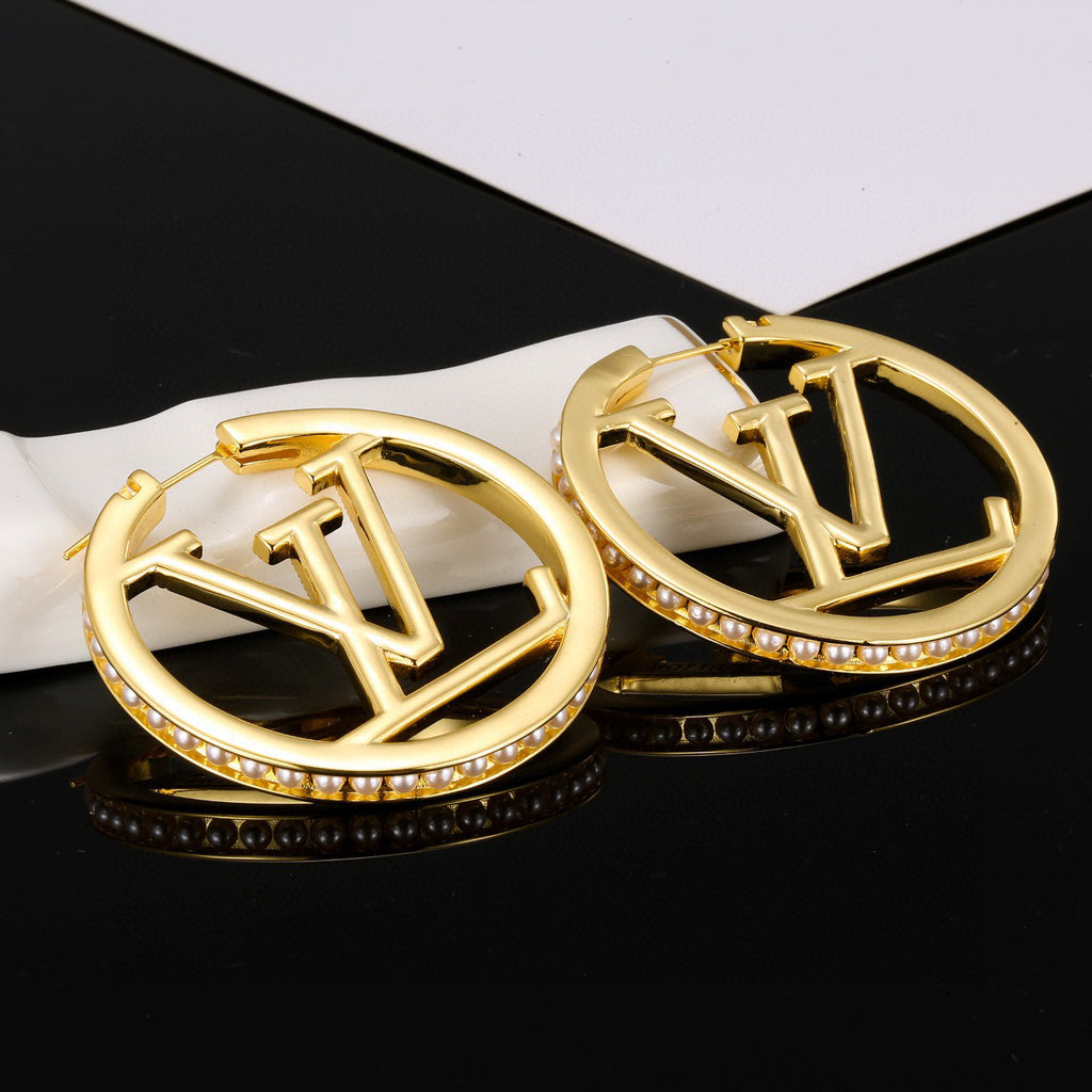 Letter Emblem Stud Earrings in Polished Metal-Tone – Design 011 front product view