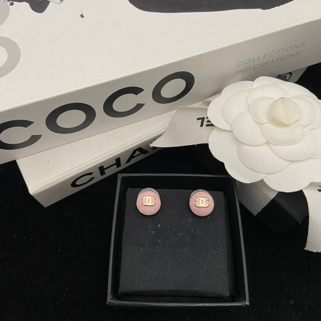 Round Stud Earrings in Polished Metal-Tone – Pink Detail main product view