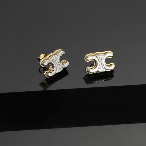 Triomphe-Inspired Emblem Stud Earrings in Polished Metal-Tone – Design 02 front view