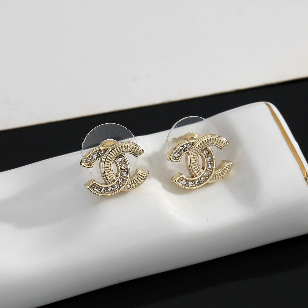 Signature Emblem Stud Earrings in Gold-Tone – Design 019 detail view