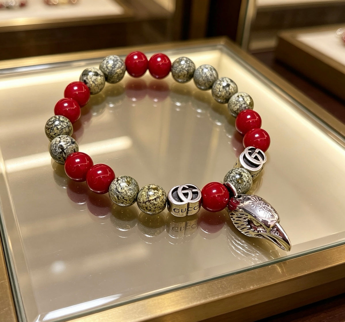 Double-G Emblem Beaded Bracelet in Polished Metal-Tone – Crystal Detail – Design 012 main product view