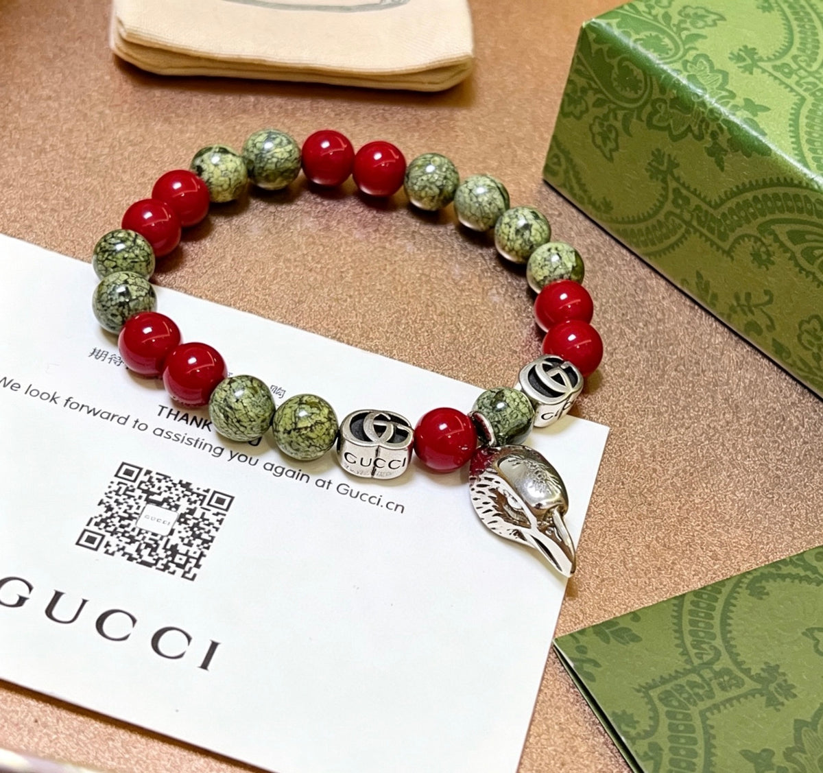 Double-G Emblem Beaded Bracelet in Polished Metal-Tone – Crystal Detail – Design 012 front product view