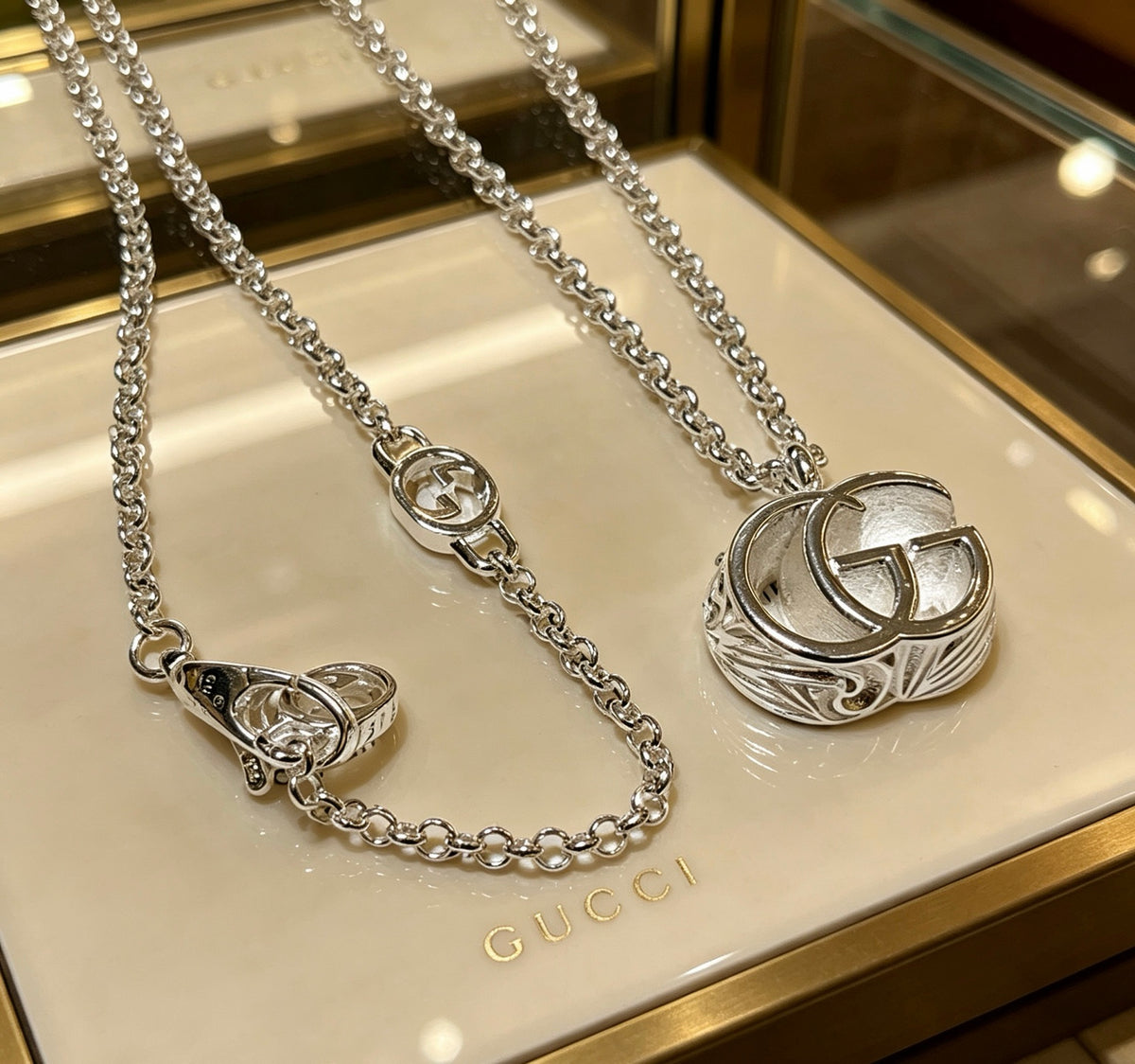 Double-G Emblem Pendant Necklace in Polished Metal-Tone – Design 079 front product view