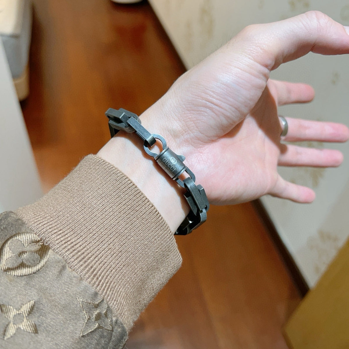 Geometric Emblem Bracelet in Polished Metal-Tone – Vintage Detail – Design 006 side detail
