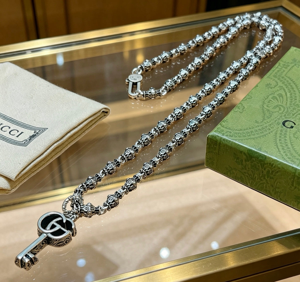Double-G Emblem Pendant Necklace in Polished Metal-Tone – Design 106 main product view