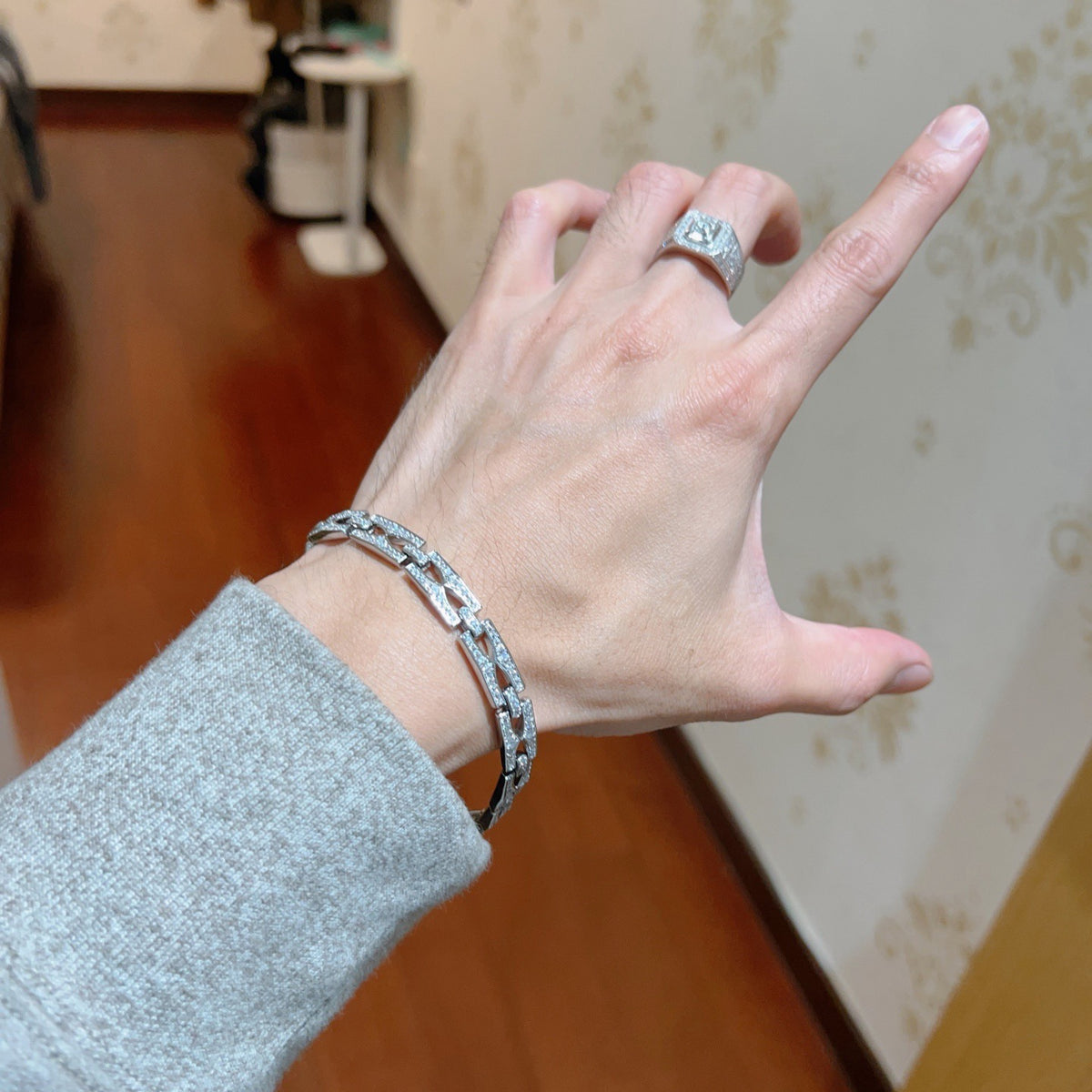 Geometric Emblem Statement Ring in Polished Metal-Tone – Design 088 detail view