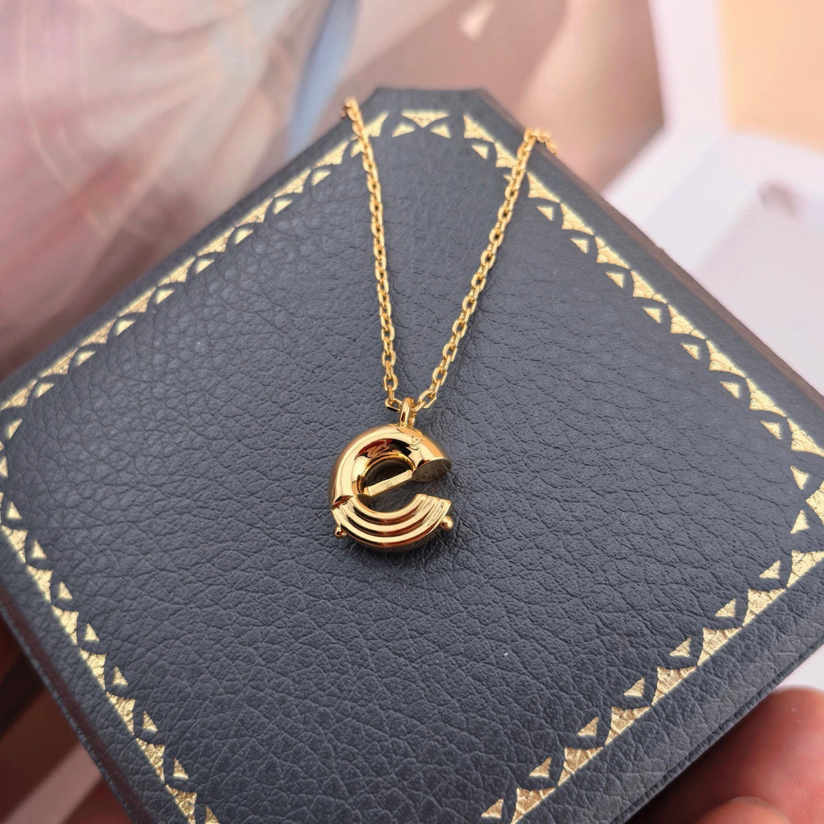 Geometric Emblem Pendant Necklace in Polished Metal-Tone – Design 014 styled product view
