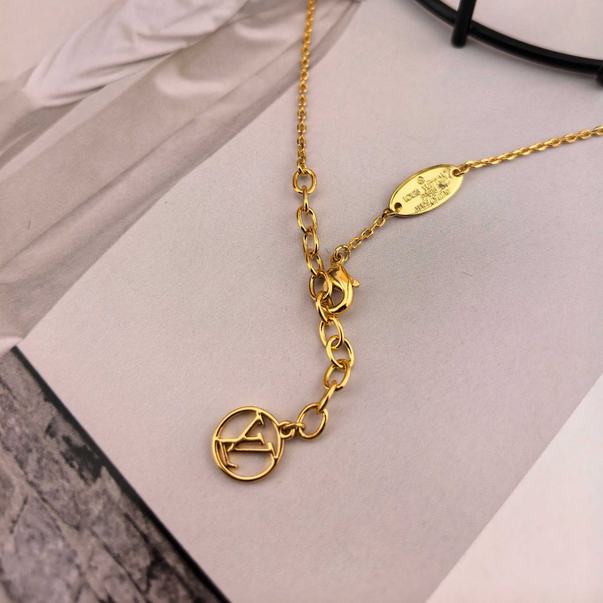 Geometric Emblem Pendant Necklace in Polished Metal-Tone – Design 014 detail view