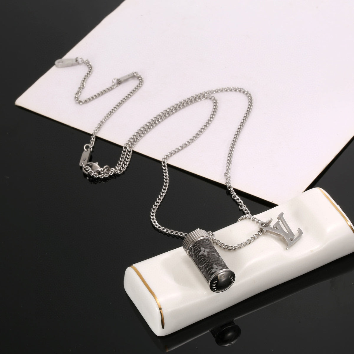 Letter Emblem Pendant Necklace in Polished Metal-Tone – Design 017 front product view