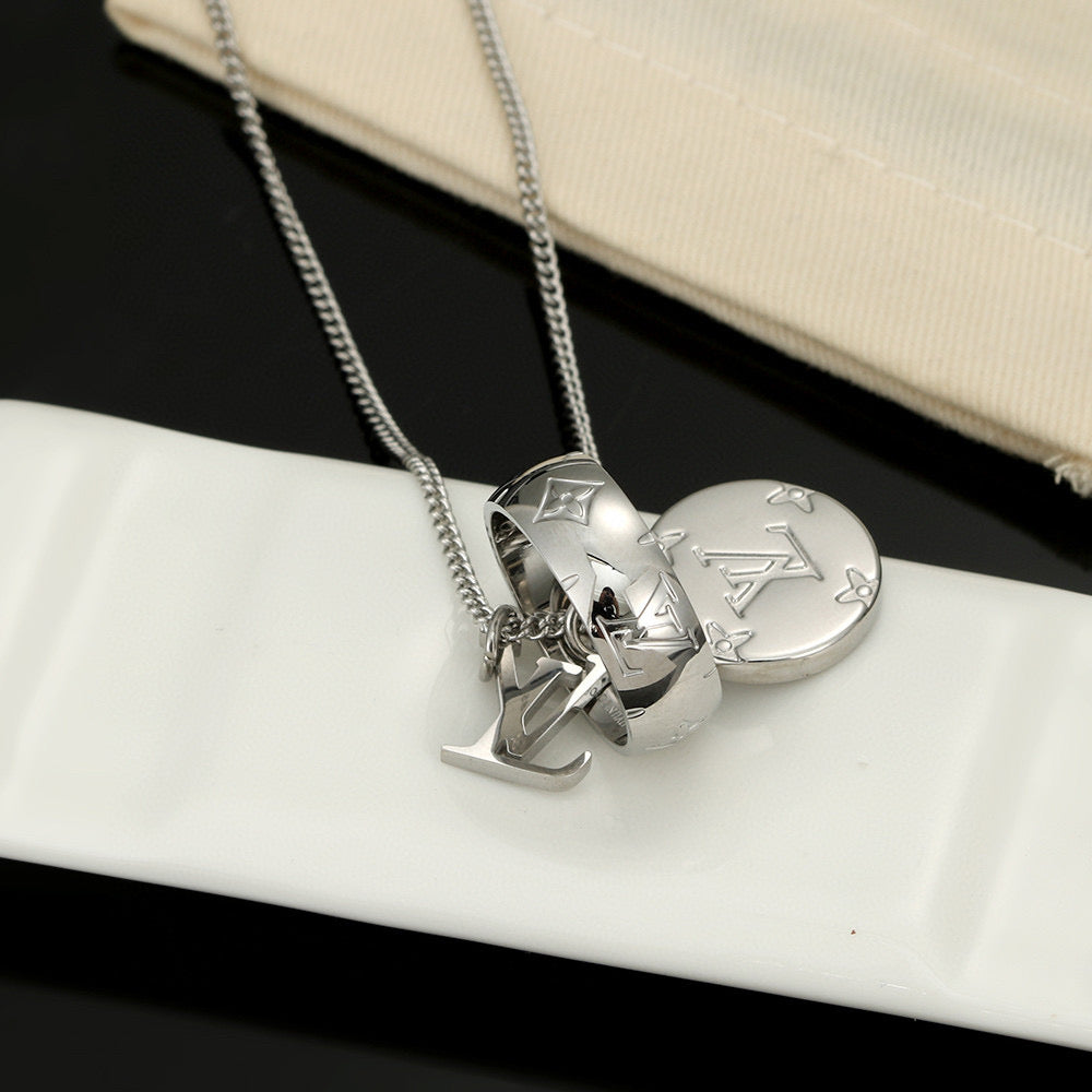 Letter Emblem Pendant Necklace in Polished Metal-Tone – Design 018 close-up detail