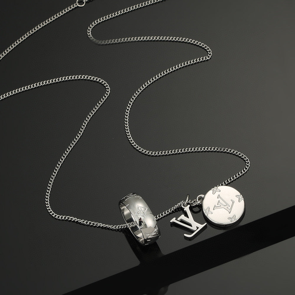 Letter Emblem Pendant Necklace in Polished Metal-Tone – Design 018 front product view
