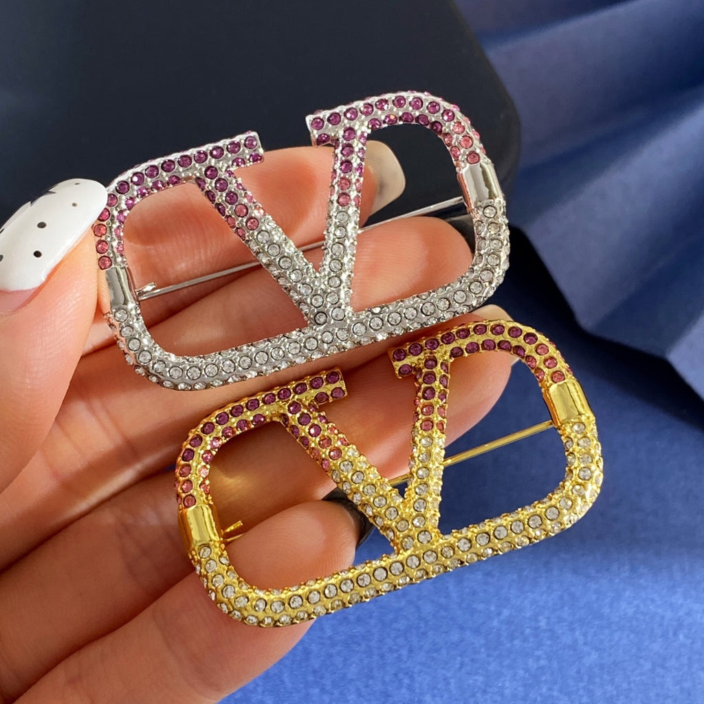 V Emblem Crystal-Accent Brooch front view