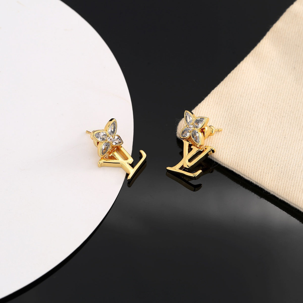 Geometric Emblem Stud Earrings in Polished Metal-Tone – Design 021 styled product view