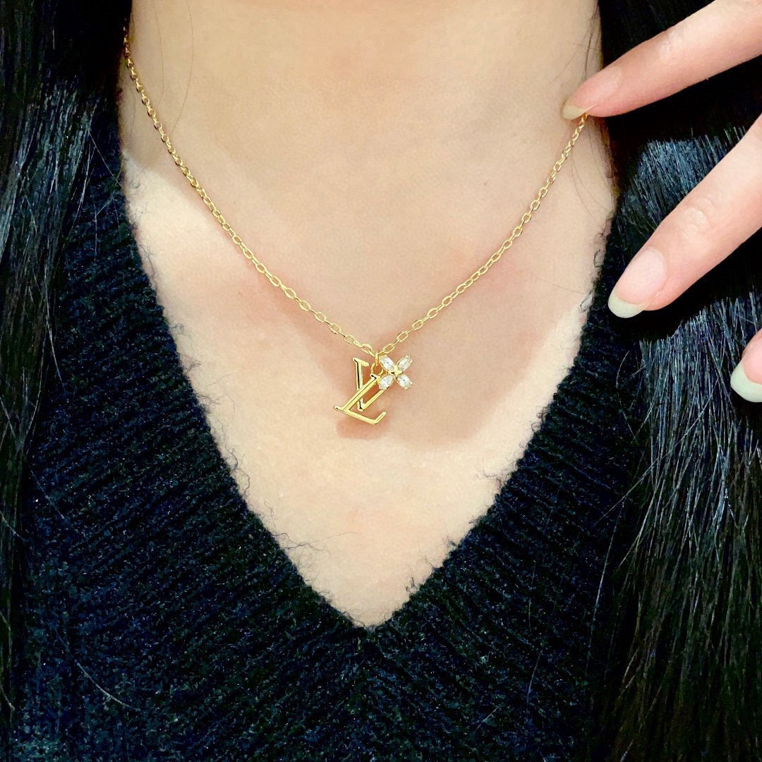 Letter Emblem Pendant Necklace in Gold-Tone – Design 005 front product view