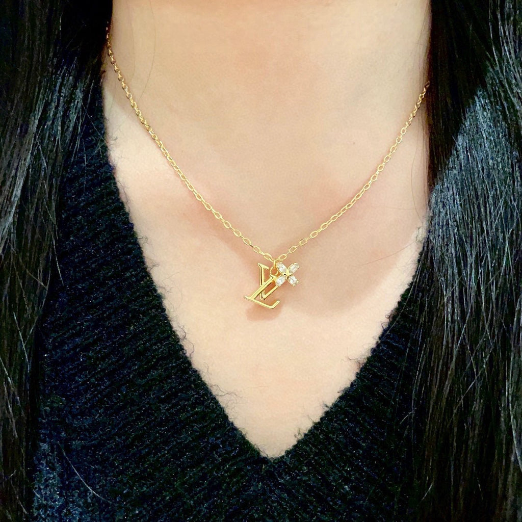 Letter Emblem Pendant Necklace in Gold-Tone – Design 005 detail view