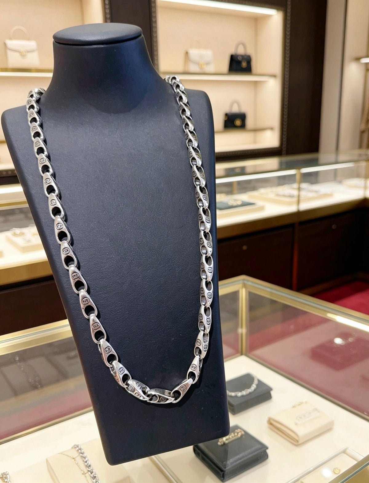 Double-G Emblem Pendant Necklace in Silver-Tone – Vintage Detail – Design 024 styled product view
