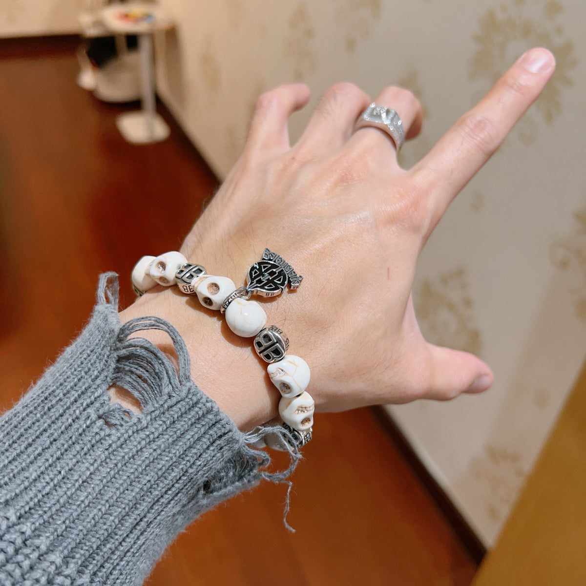 Geometric Emblem Bracelet in Polished Metal-Tone – Design 045 detail view