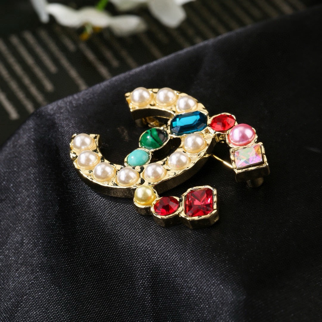 Double-C Emblem Brooch in Polished Metal-Tone – Pearl Detail – Design 005 styled product view