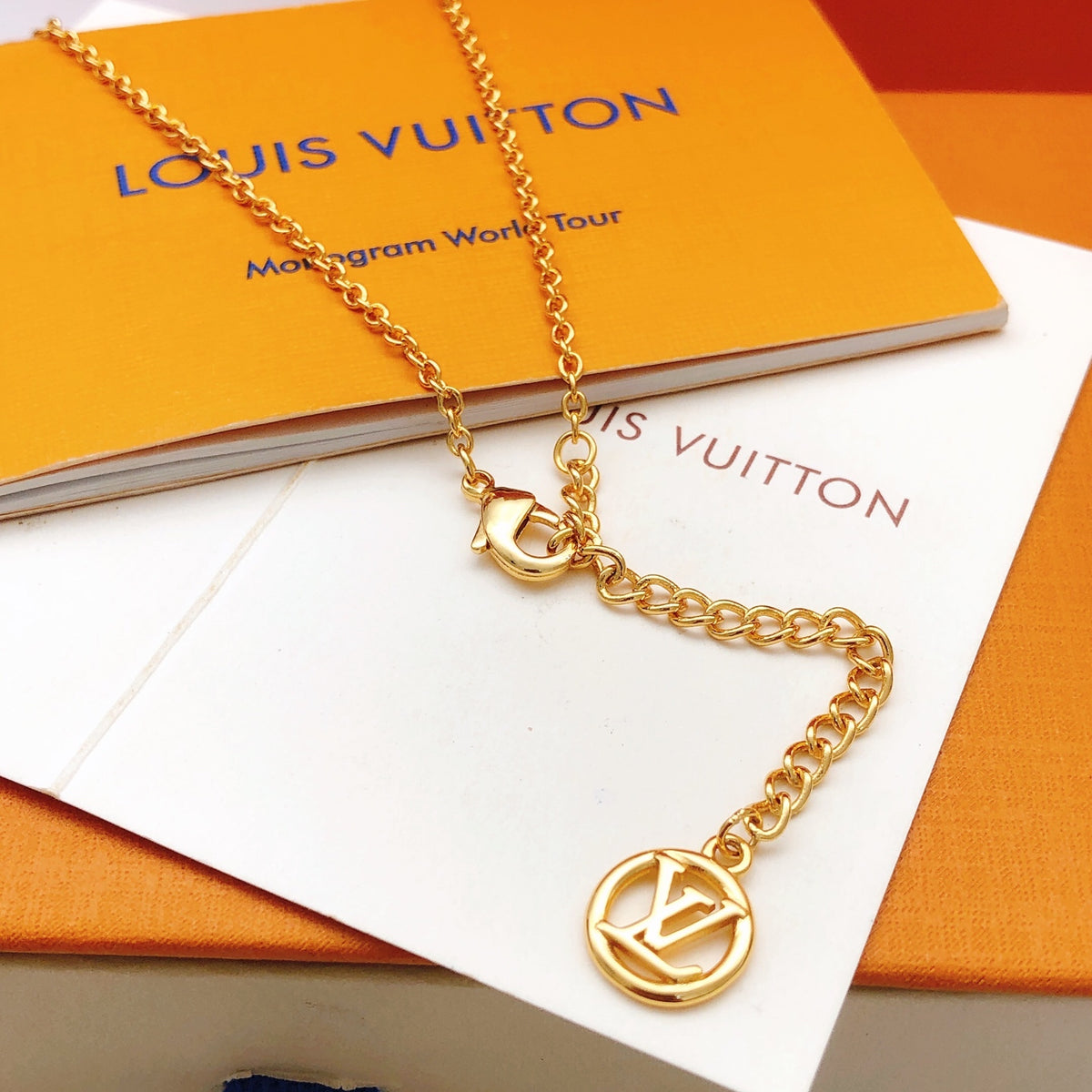 Geometric Emblem Pendant Necklace in Gold-Tone – Design 047 detail view