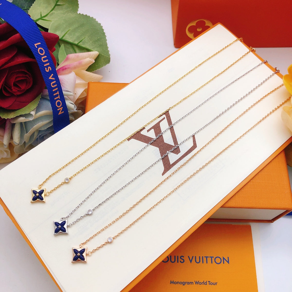 Geometric Emblem Pendant Necklace in Gold-Tone – Blue Detail – Design 006 close-up detail