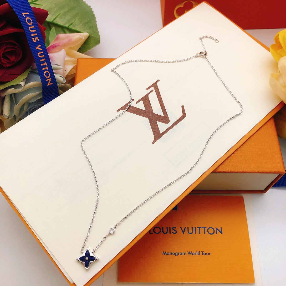 Geometric Emblem Pendant Necklace in Gold-Tone – Blue Detail – Design 006 main product view