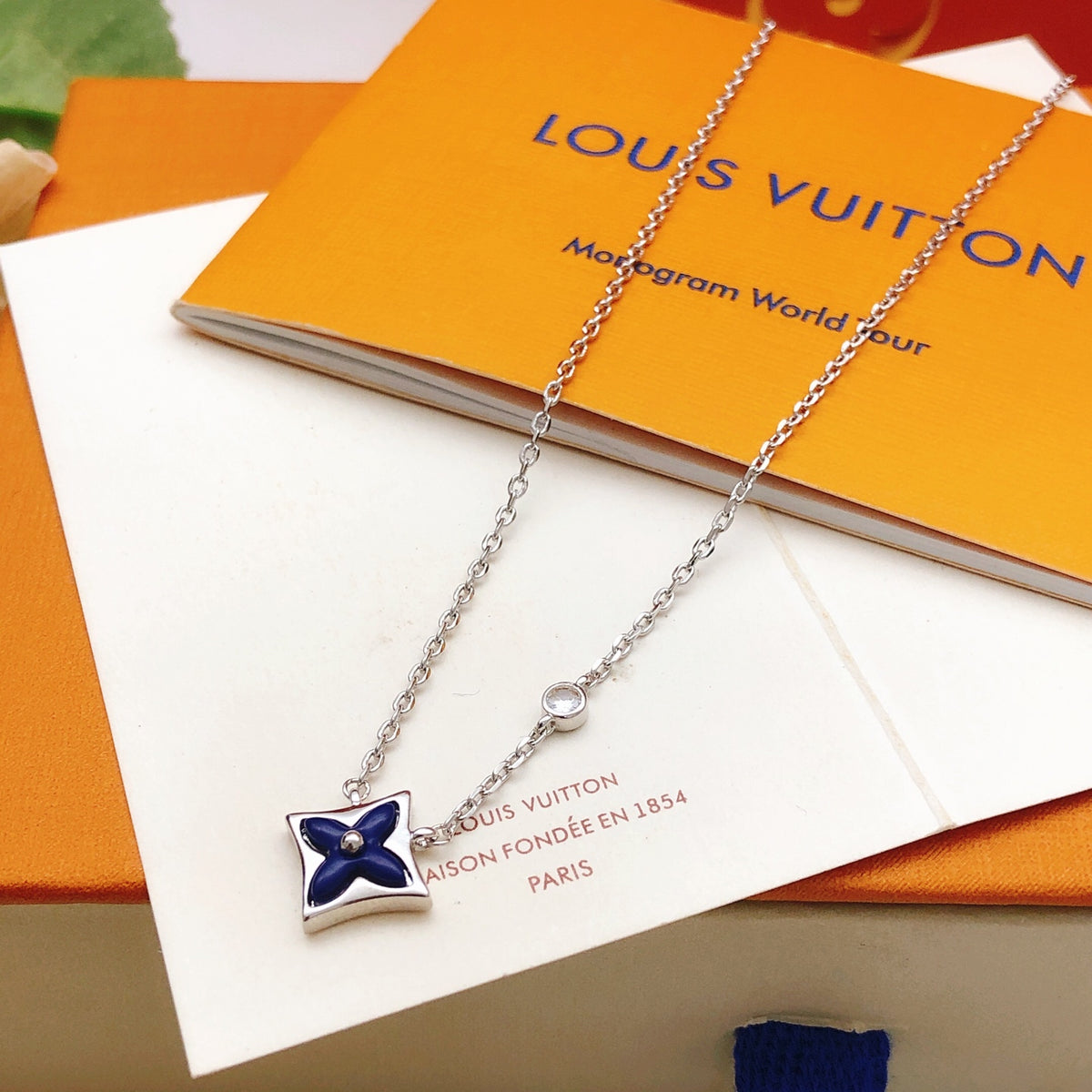 Geometric Emblem Pendant Necklace in Gold-Tone – Blue Detail – Design 006 main product view