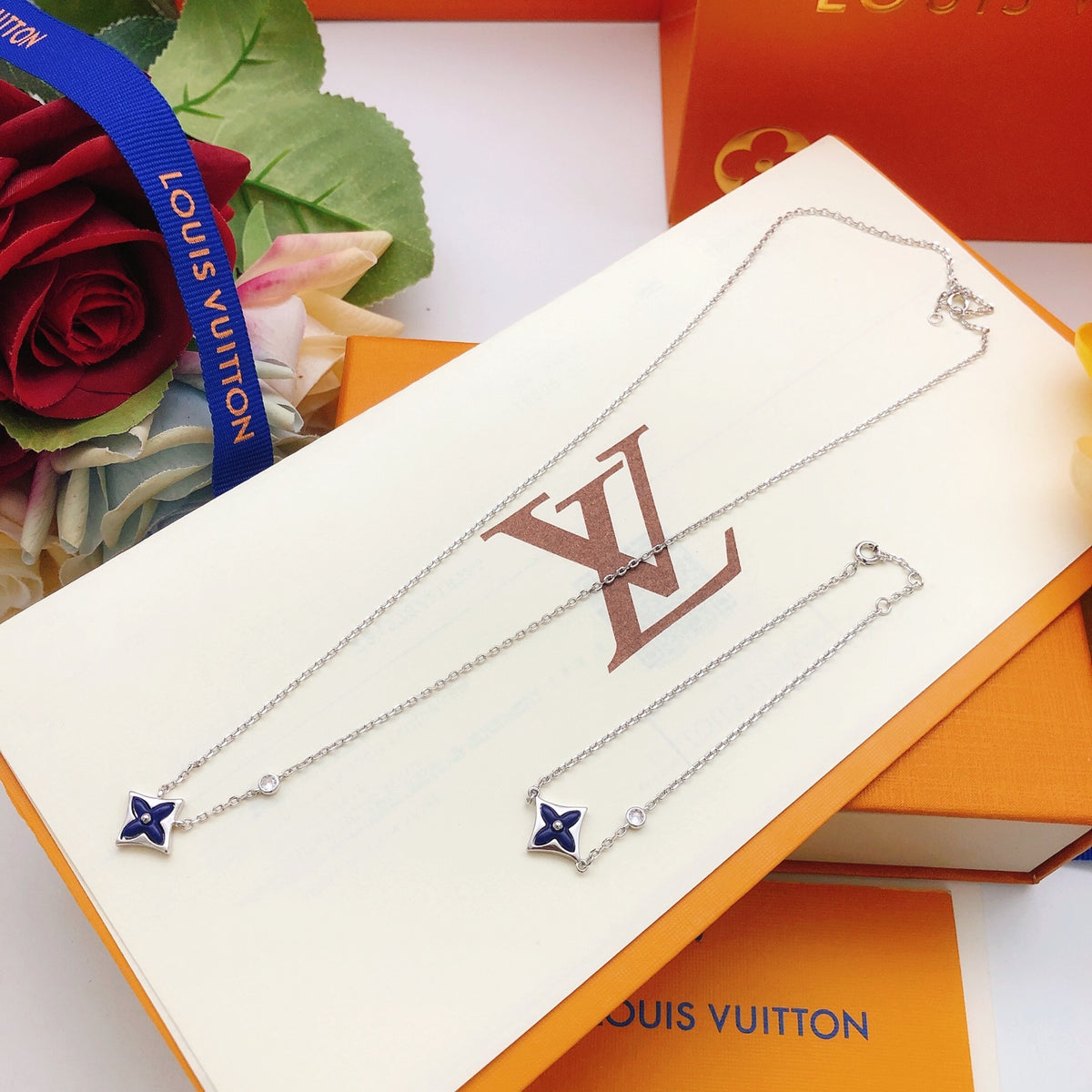 Geometric Emblem Pendant Necklace in Gold-Tone – Blue Detail – Design 006 styled product view