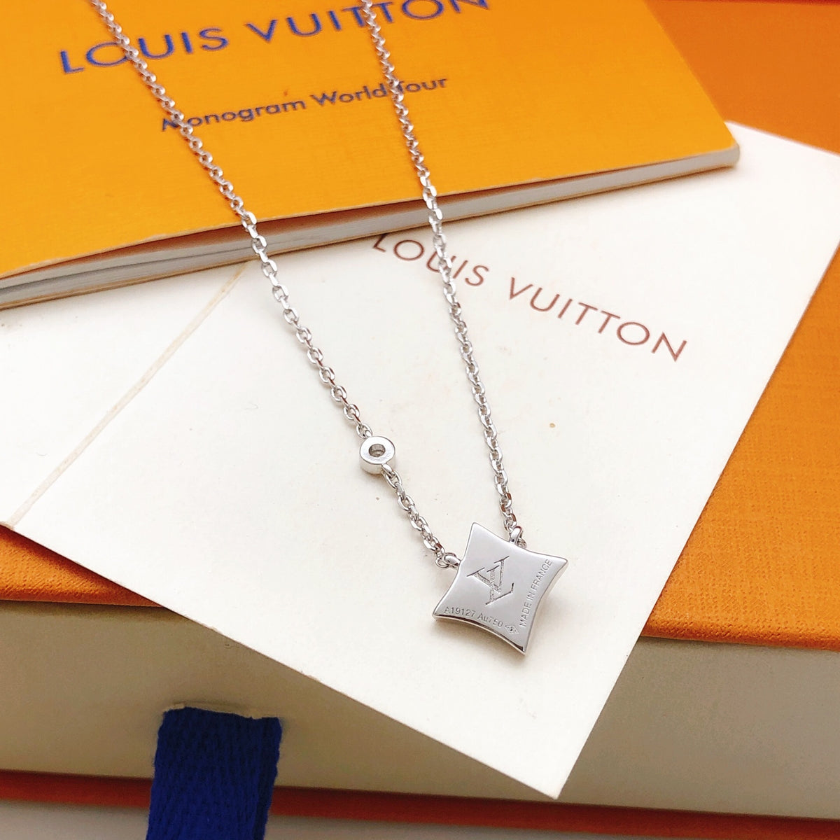 Geometric Emblem Pendant Necklace in Gold-Tone – Blue Detail – Design 006 detail view