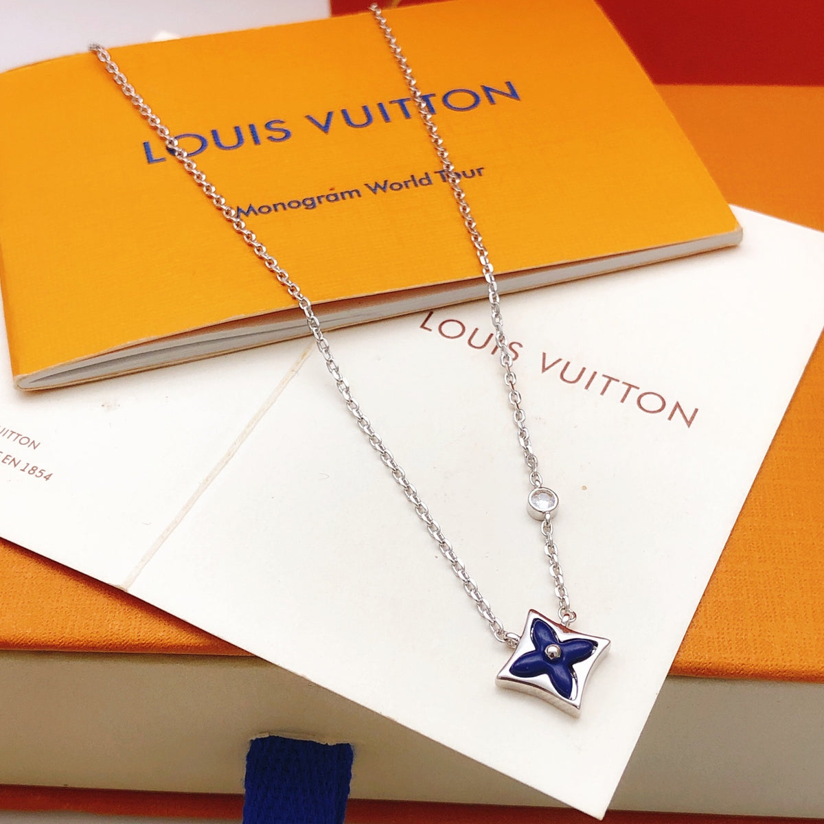 Geometric Emblem Pendant Necklace in Gold-Tone – Blue Detail – Design 006 front product view