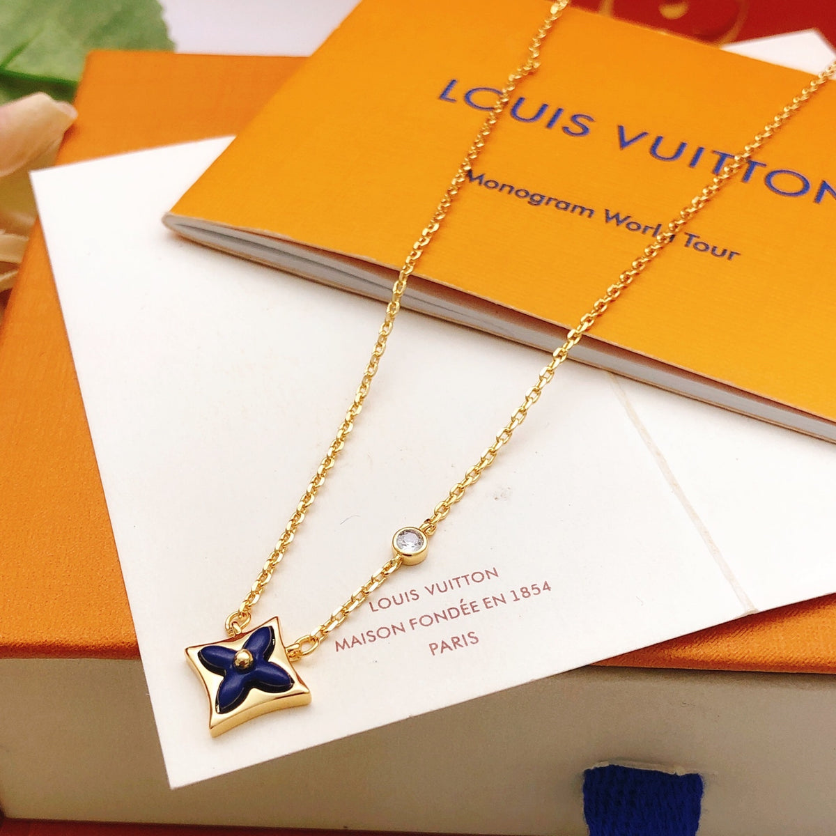 Geometric Emblem Pendant Necklace in Gold-Tone – Blue Detail – Design 005 main product view