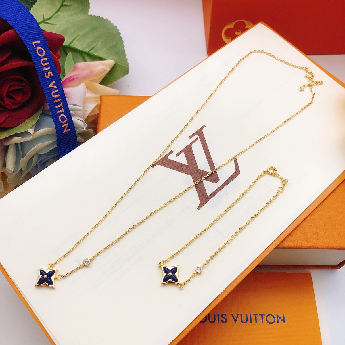 Geometric Emblem Pendant Necklace in Gold-Tone – Blue Detail – Design 005 styled product view