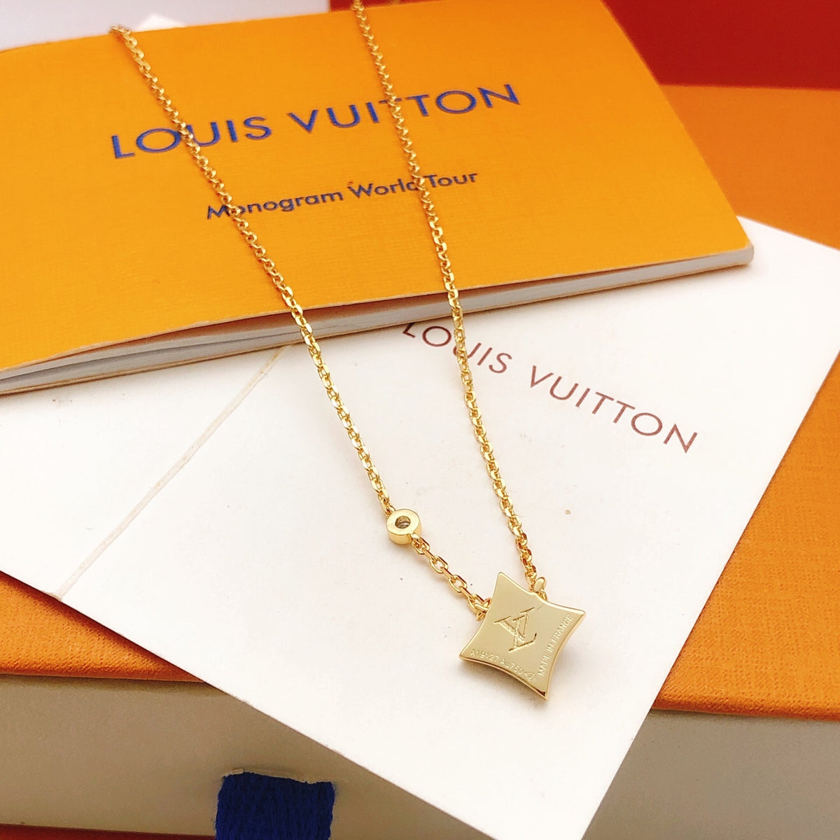 Geometric Emblem Pendant Necklace in Gold-Tone – Blue Detail – Design 005 detail view