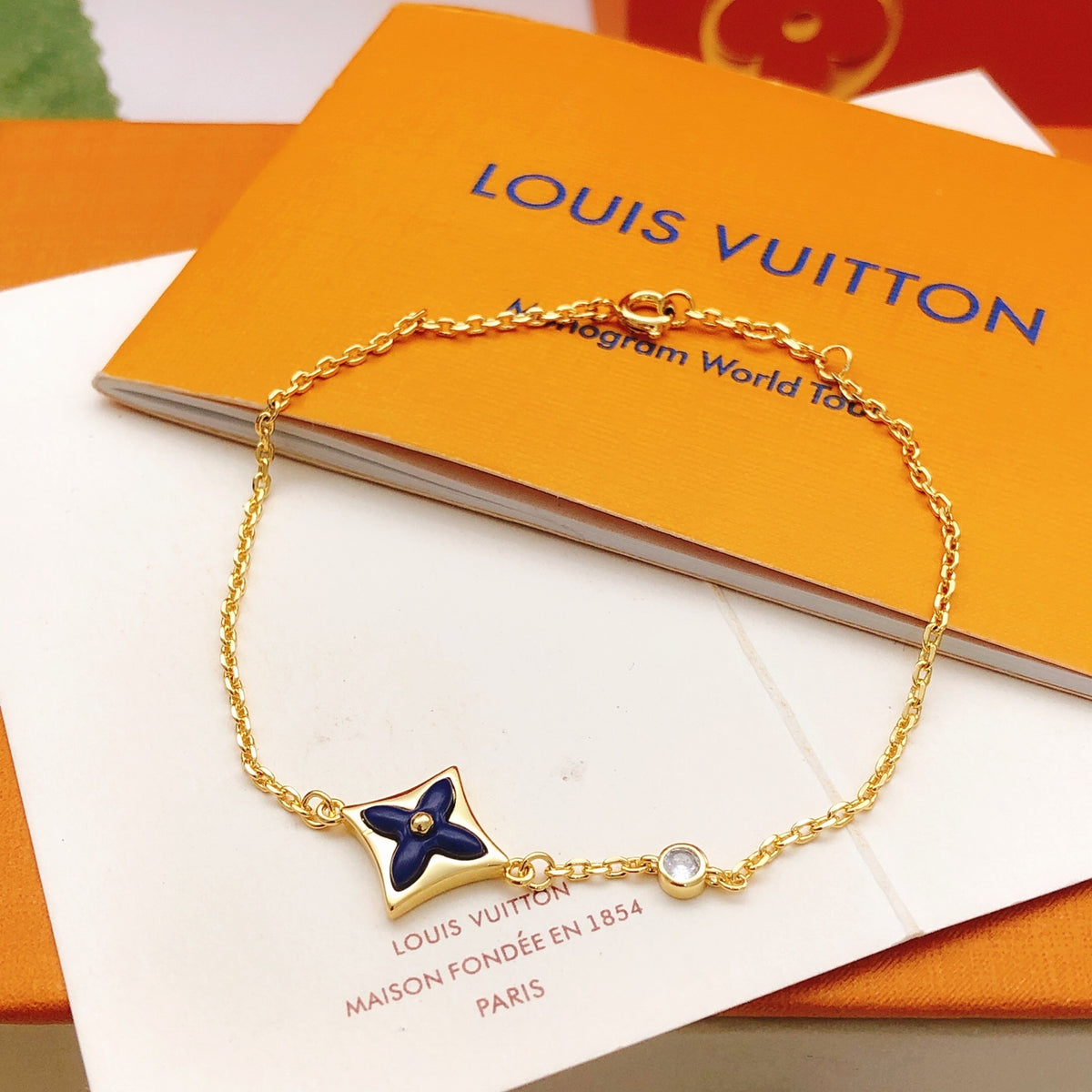 Geometric Emblem Bracelet in Gold-Tone – Blue Detail – Design 008 main product view