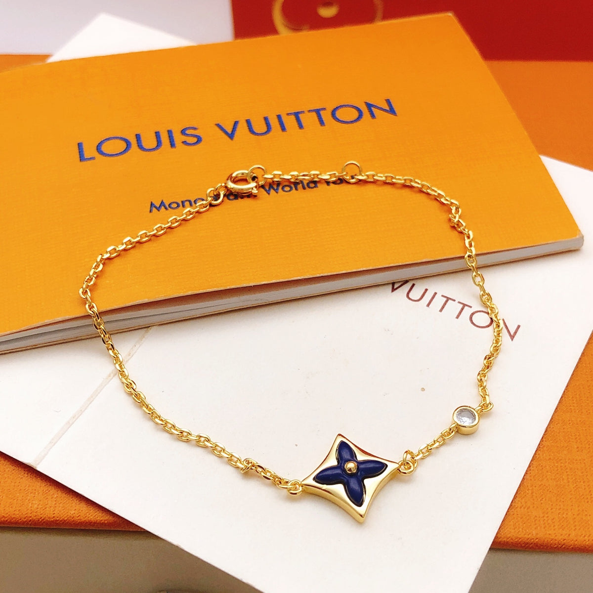Geometric Emblem Bracelet in Gold-Tone – Blue Detail – Design 008 front product view