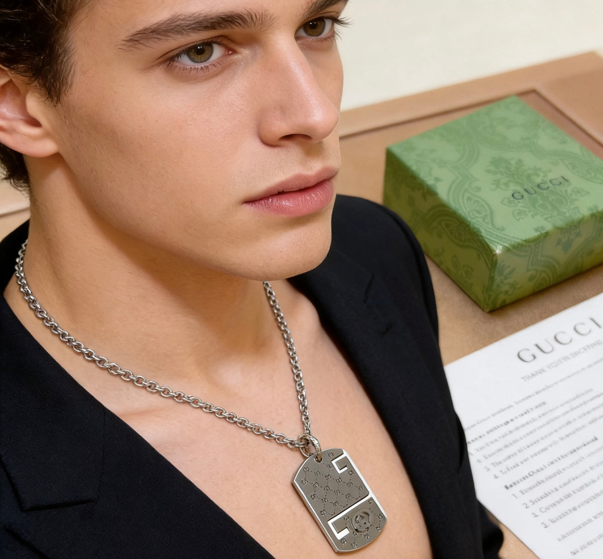 Double-G Emblem Pendant Necklace in Silver-Tone – Vintage Detail – Design 028 main product view