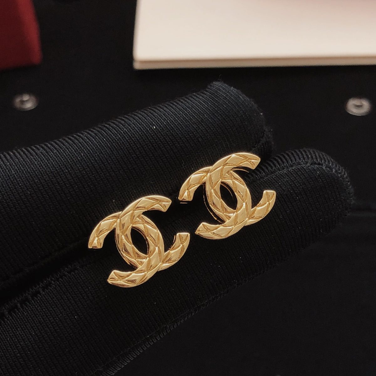 Signature Emblem Stud Earrings in Gold-Tone – Design 065 detail view