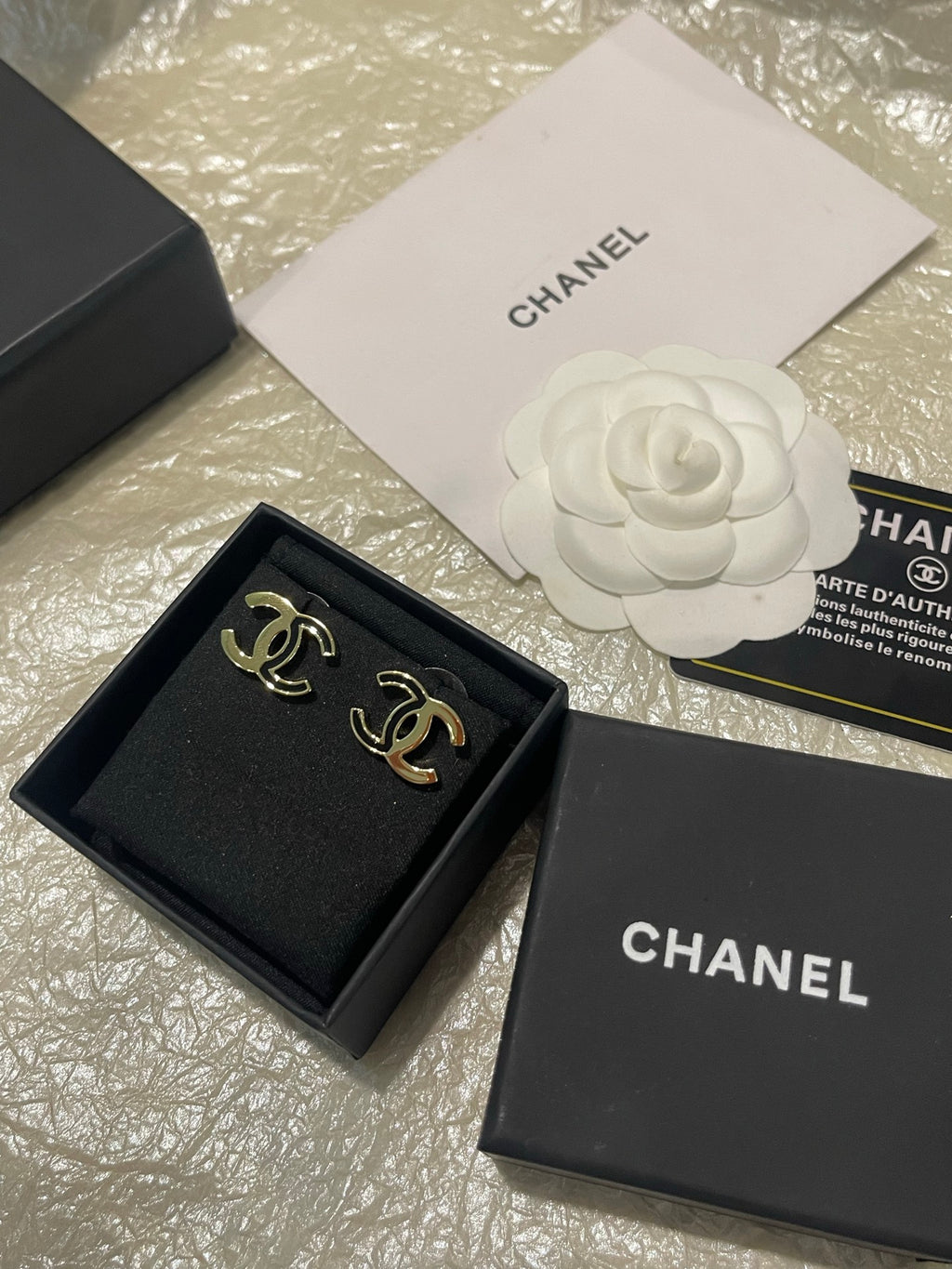 Double-C Emblem Stud Earrings in Polished Metal-Tone – Black Detail – Design 003 front product view