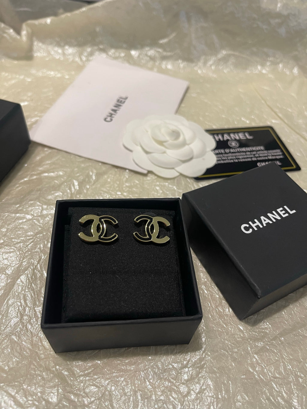 Double-C Emblem Stud Earrings in Polished Metal-Tone – Black Detail – Design 003 main product view