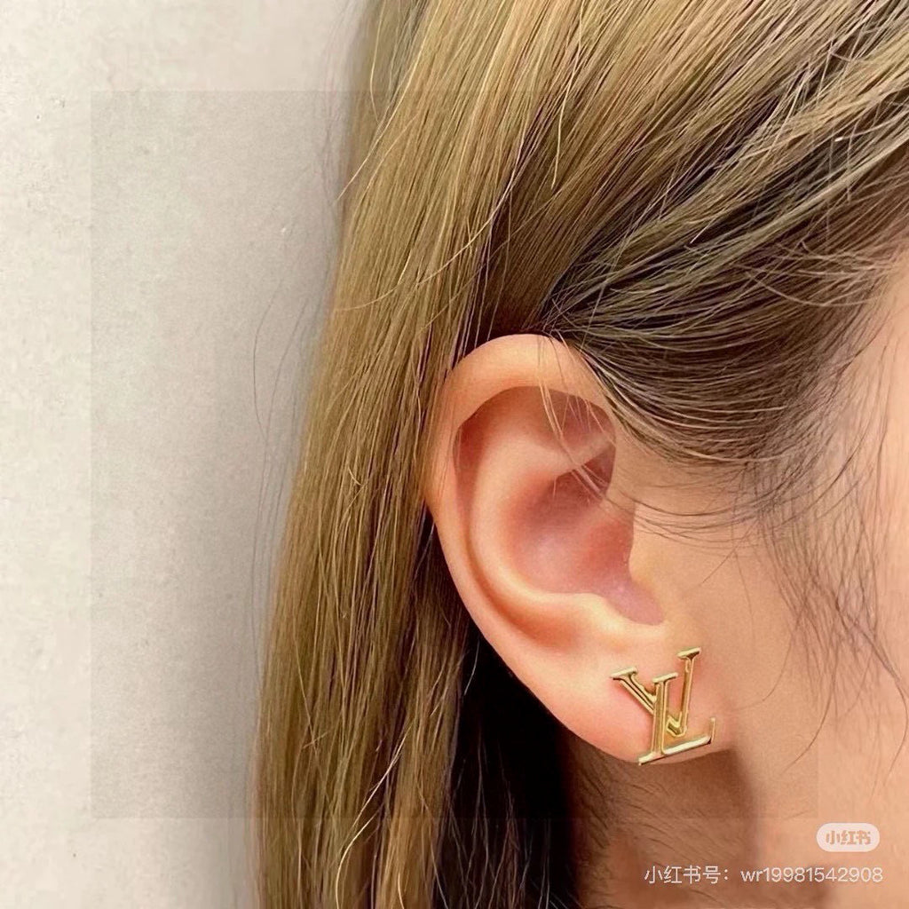 Letter Emblem Stud Earrings in Gold-Tone – Design 006 detail view