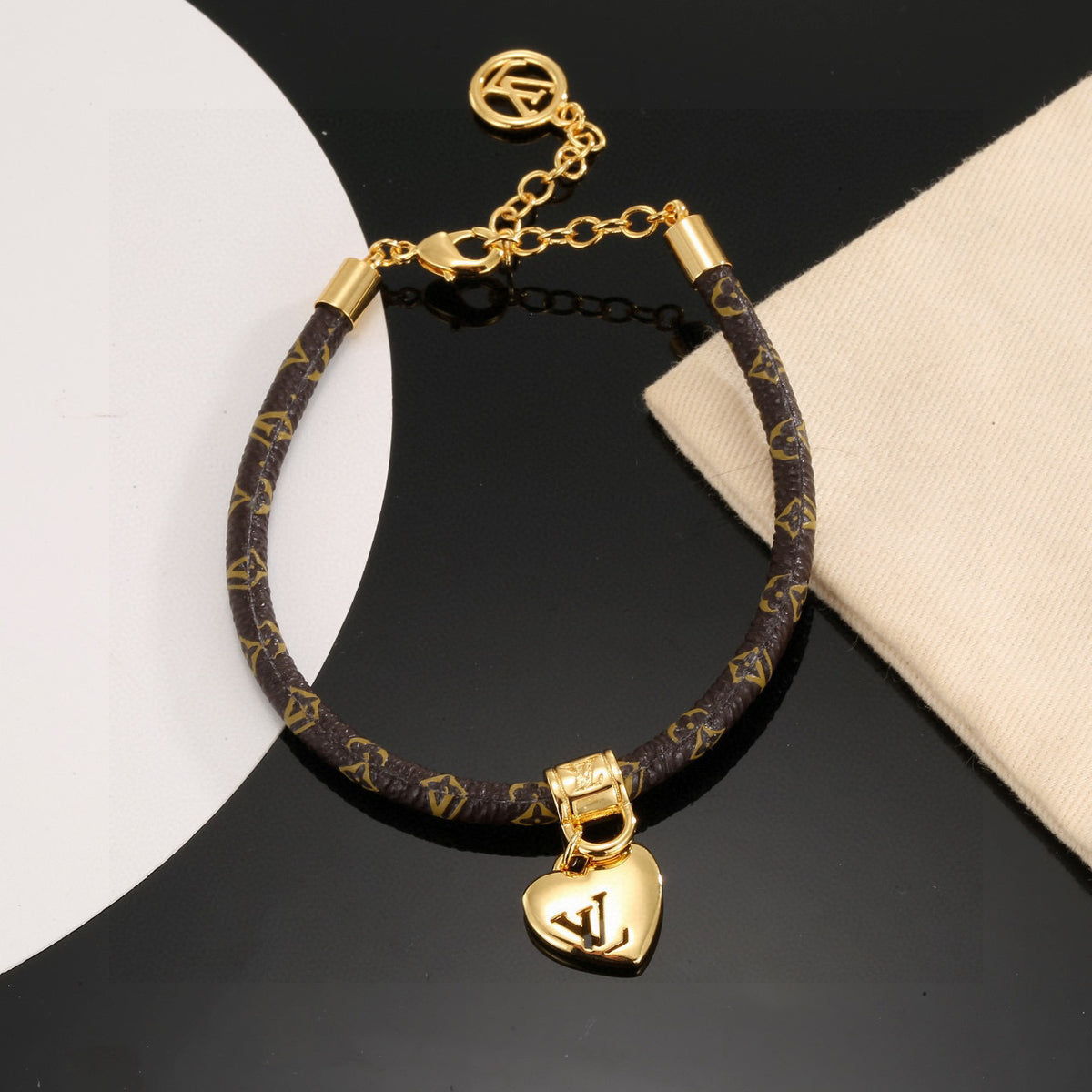 Geometric Emblem Bangle in Gold-Tone – Leather Detail – Design 004 main product view